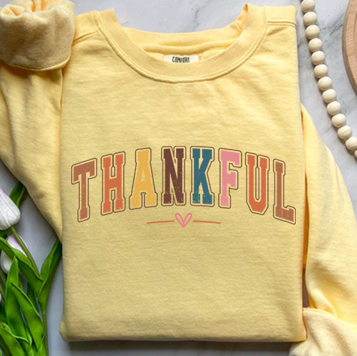 Colorful College Sweatshirt - Thankful Letter Varsity Crewneck | Retro Design