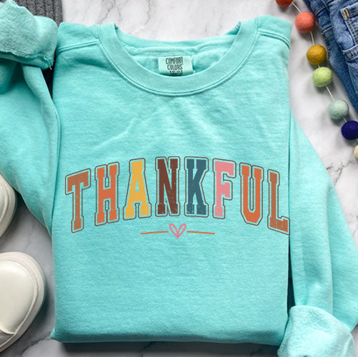 Colorful College Sweatshirt - Thankful Letter Varsity Crewneck | Retro Design
