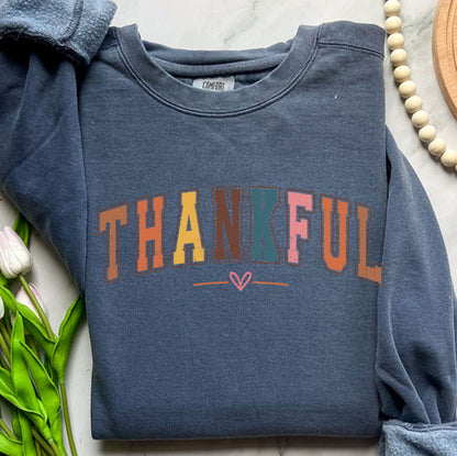 Colorful College Sweatshirt - Thankful Letter Varsity Crewneck | Retro Design