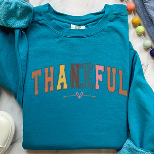Colorful College Sweatshirt - Thankful Letter Varsity Crewneck | Retro Design