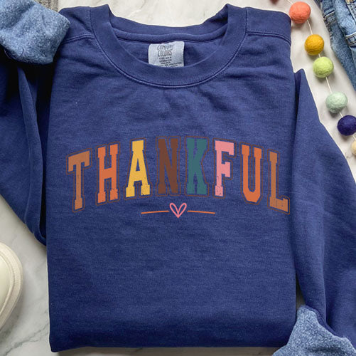 Colorful College Sweatshirt - Thankful Letter Varsity Crewneck | Retro Design
