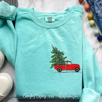 Embroidered Christmas Tree Truck Sweatshirt for Cozy Holidays – Chalky Mint Small by Bravo Embroidery | - Christmas sweats...