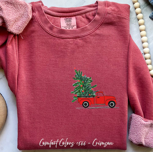 Embroidered Christmas Tree Truck Sweatshirt for Cozy Holidays – Crimson Small by Bravo Embroidery | - Christmas sweatshirt...
