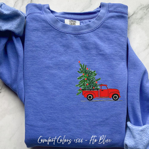 Embroidered Christmas Tree Truck Sweatshirt for Cozy Holidays – Flo Blue Small by Bravo Embroidery | - Christmas sweatshir...