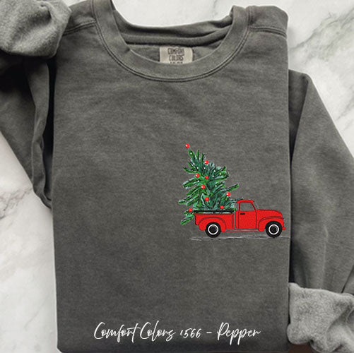 Embroidered Christmas Tree Truck Sweatshirt for Cozy Holidays – Pepper Small by Bravo Embroidery | - Christmas sweatshirt ...