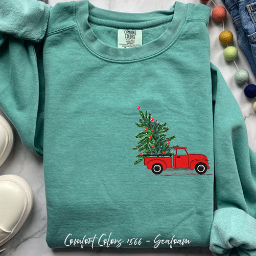 Embroidered Christmas Tree Truck Sweatshirt for Cozy Holidays – Seafoam Small by Bravo Embroidery | - Christmas sweatshirt...