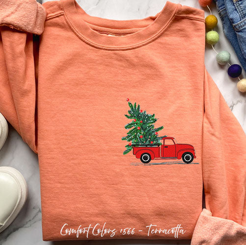 Embroidered Christmas Tree Truck Sweatshirt for Cozy Holidays – Terracotta Small by Bravo Embroidery | - Christmas sweatsh...