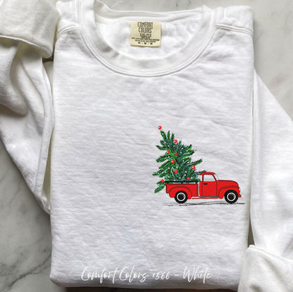 Embroidered Christmas Tree Truck Sweatshirt for Cozy Holidays – White Small by Bravo Embroidery | - Christmas sweatshirt w...